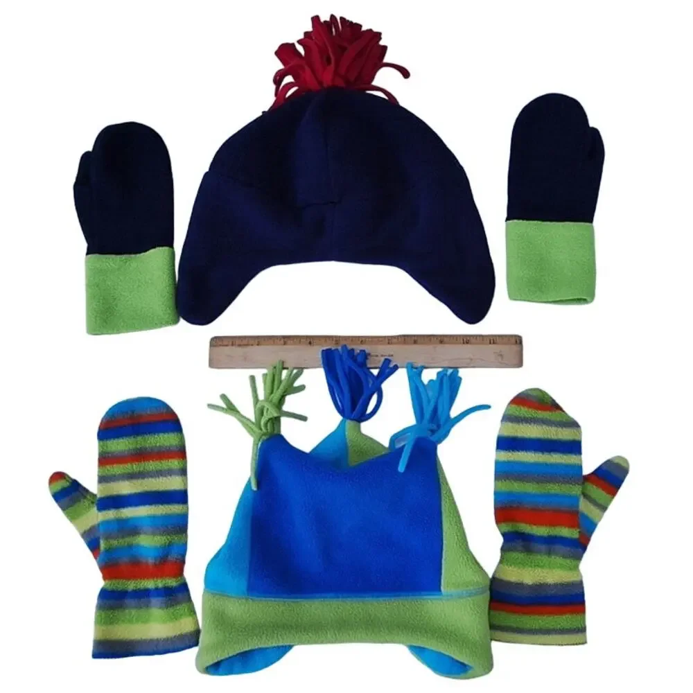 Hanna Andersson Kids  Fleece Hats + Mittens Big Kid L Blue Green Monster